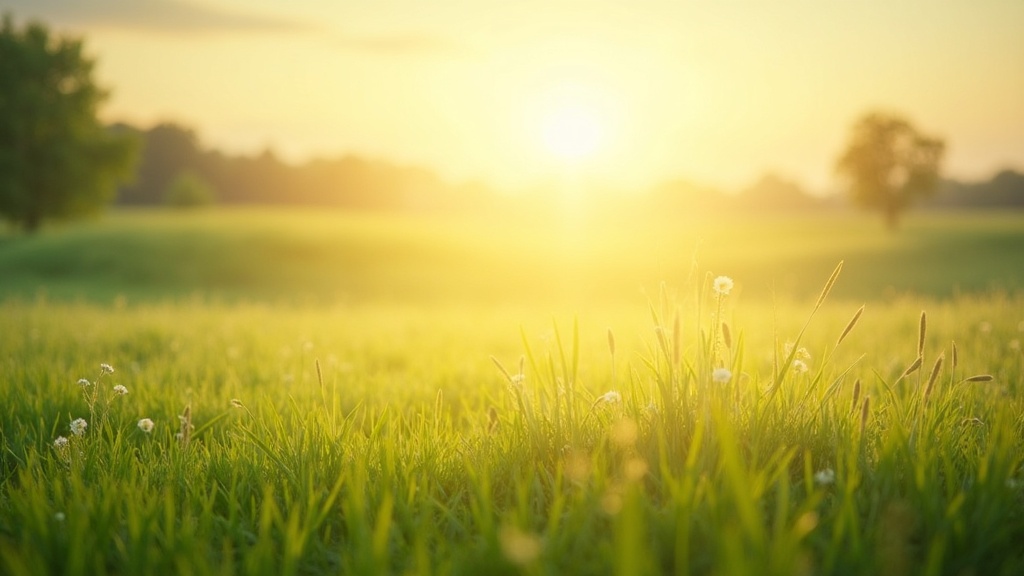 A peaceful, sunlit natural landscape with soft grassy fields and gentle morning light, evoking a fresh and calm start to the day.